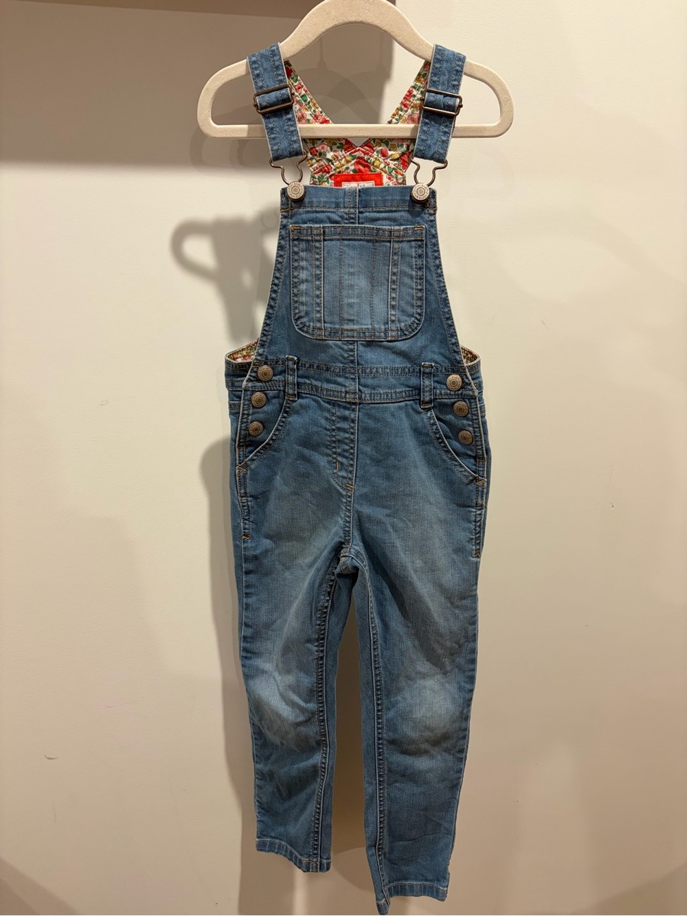Boden Blue Denim Kids Overalls with Floral Lining — 4/5Y